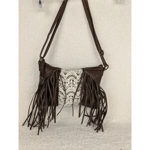 T-shirt And Jeans Brown Fringe Faux Leather & Lace Boho Crossbody Bag Purse‎
